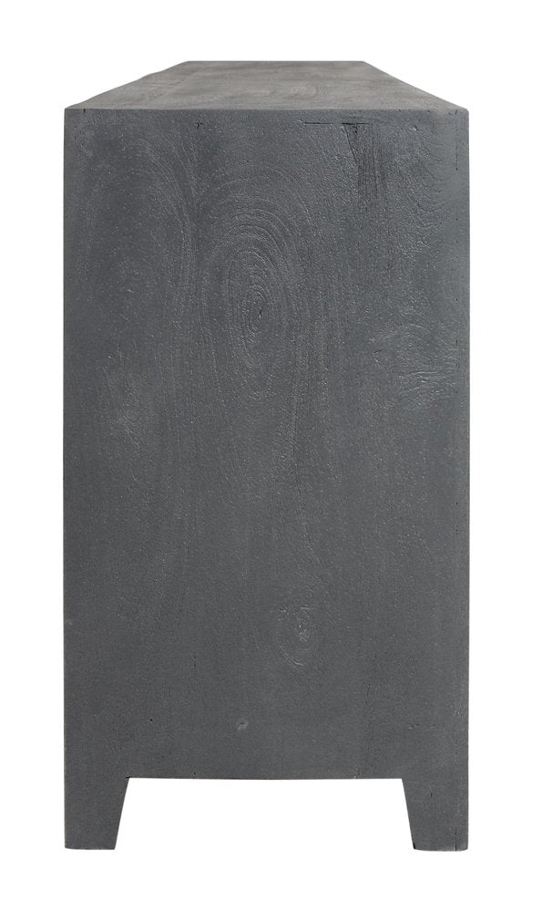 86" Dark Gray Carved Floral Distressed Solid Wood Enclosed Storage TV Stand