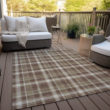 9' X 12' Chocolate and Ivory Plaid Washable Non Skid Indoor Outdoor Area Rug