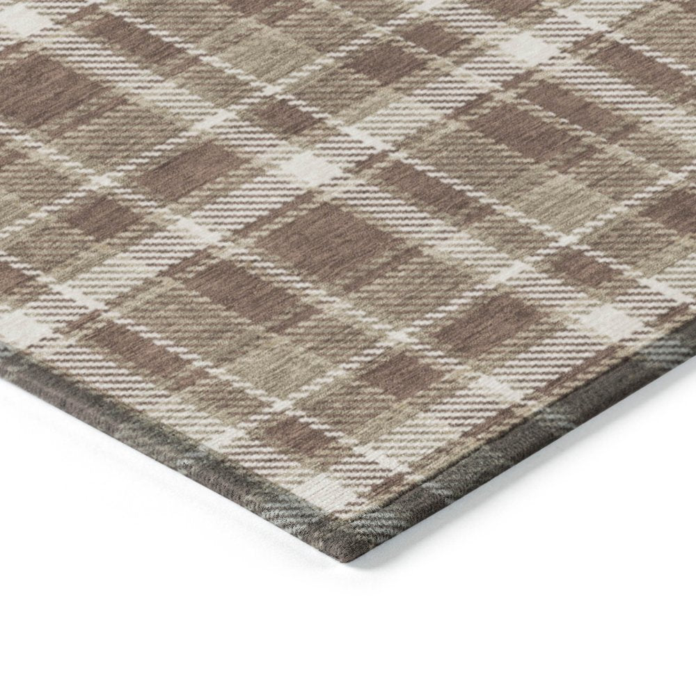 9' X 12' Chocolate and Ivory Plaid Washable Non Skid Indoor Outdoor Area Rug