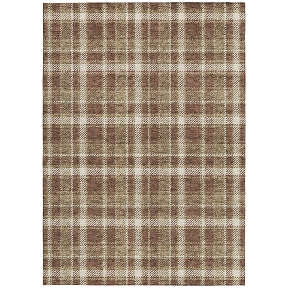 9' X 12' Chocolate and Ivory Plaid Washable Non Skid Indoor Outdoor Area Rug