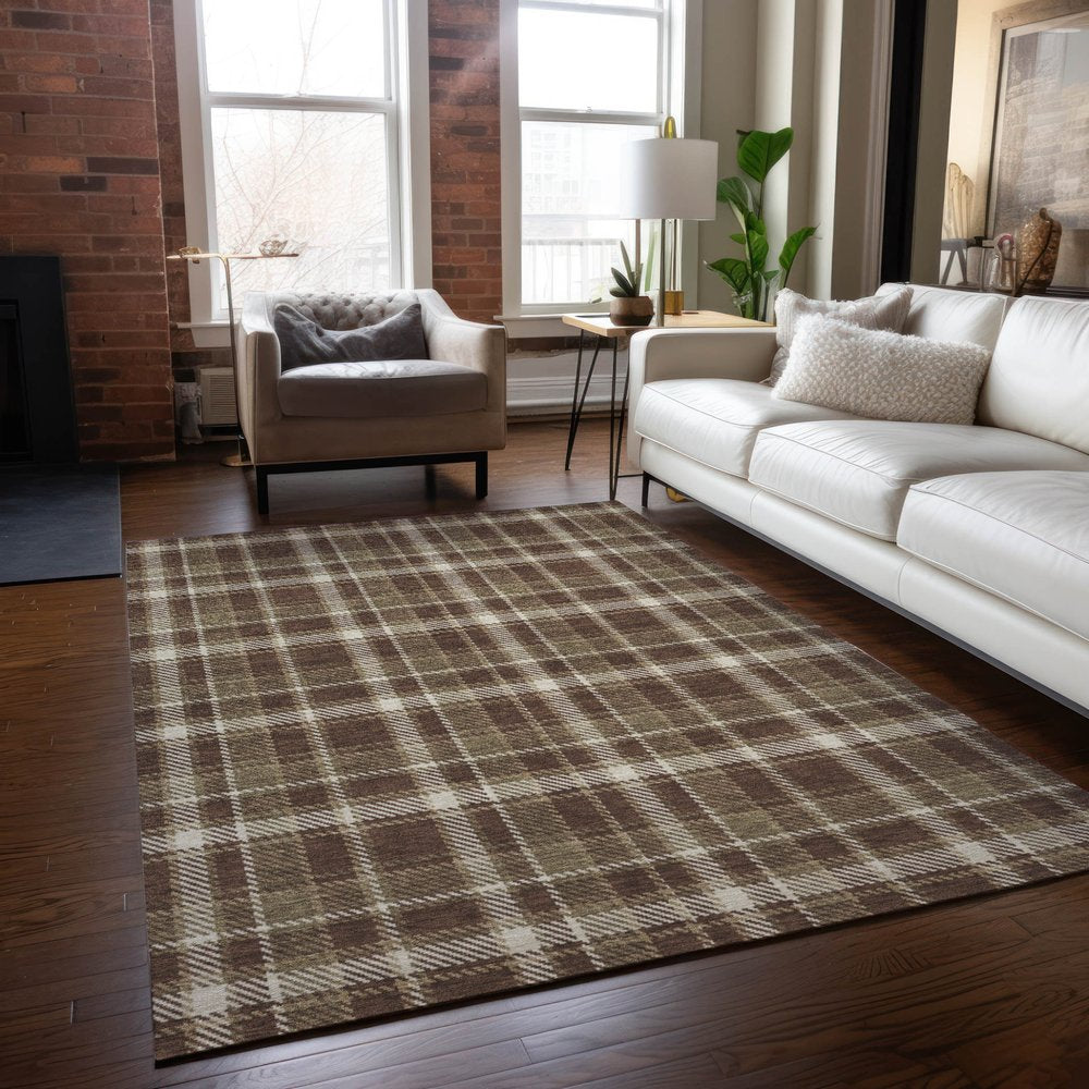 9' X 12' Chocolate and Ivory Plaid Washable Non Skid Indoor Outdoor Area Rug