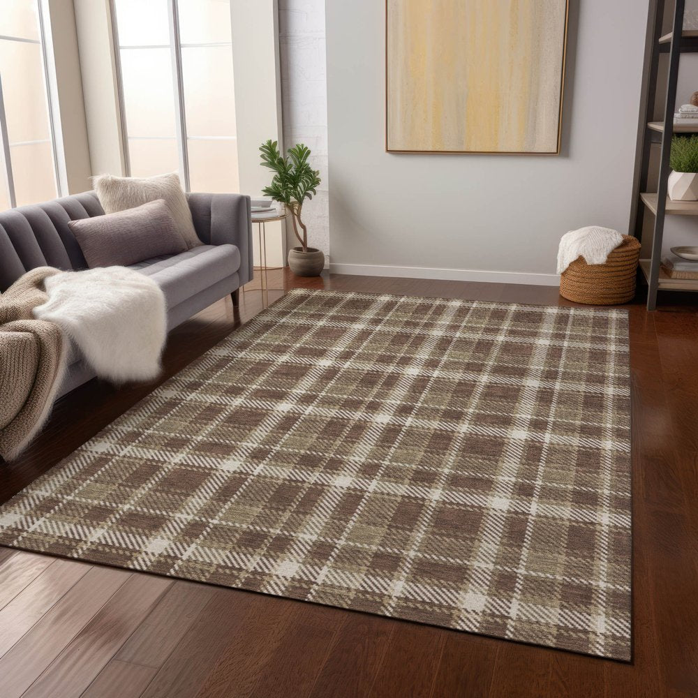 9' X 12' Chocolate and Ivory Plaid Washable Non Skid Indoor Outdoor Area Rug