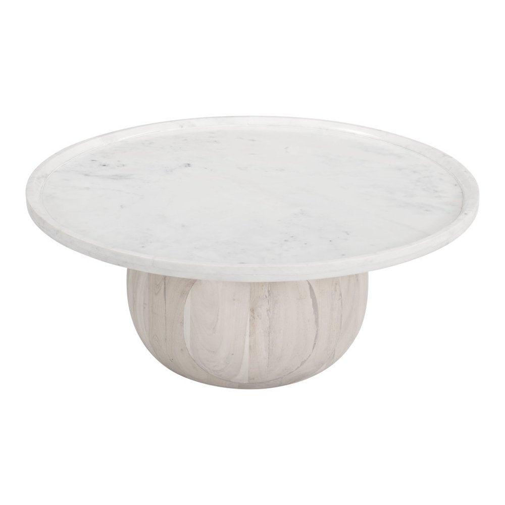 35" White and Natural Wood And Faux Marble Round Pedestal Coffee Table