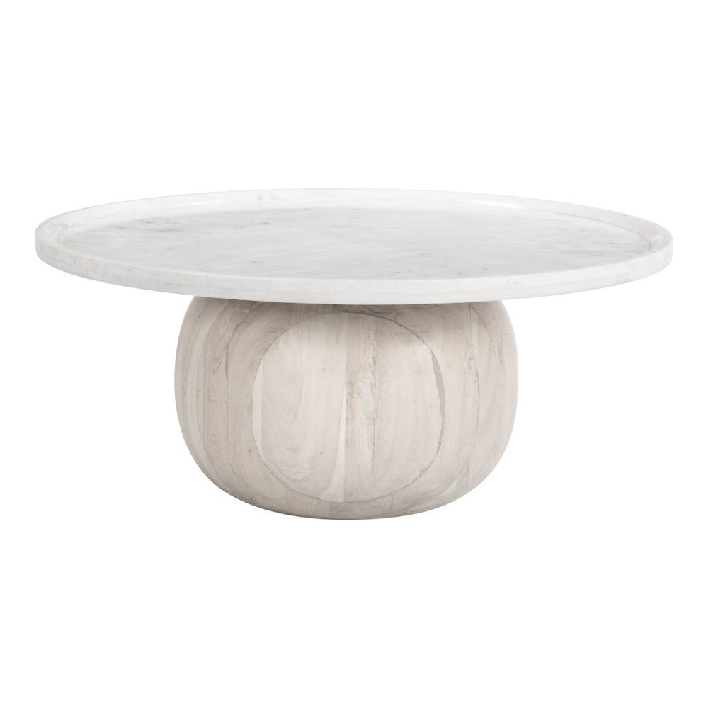35" White and Natural Wood And Faux Marble Round Pedestal Coffee Table