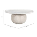 35" White and Natural Wood And Faux Marble Round Pedestal Coffee Table