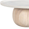 35" White and Natural Wood And Faux Marble Round Pedestal Coffee Table