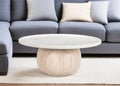 35" White and Natural Wood And Faux Marble Round Pedestal Coffee Table