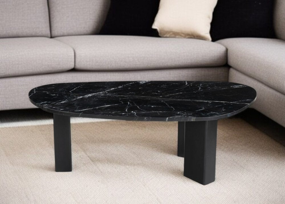 54" Black Genuine Marble and Wood Free Form Coffee Table