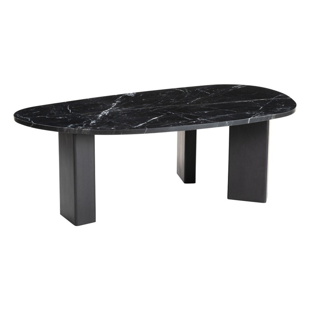54" Black Genuine Marble and Wood Free Form Coffee Table