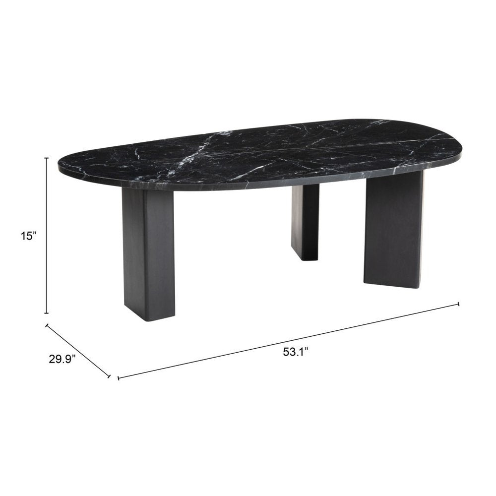 54" Black Genuine Marble and Wood Free Form Coffee Table