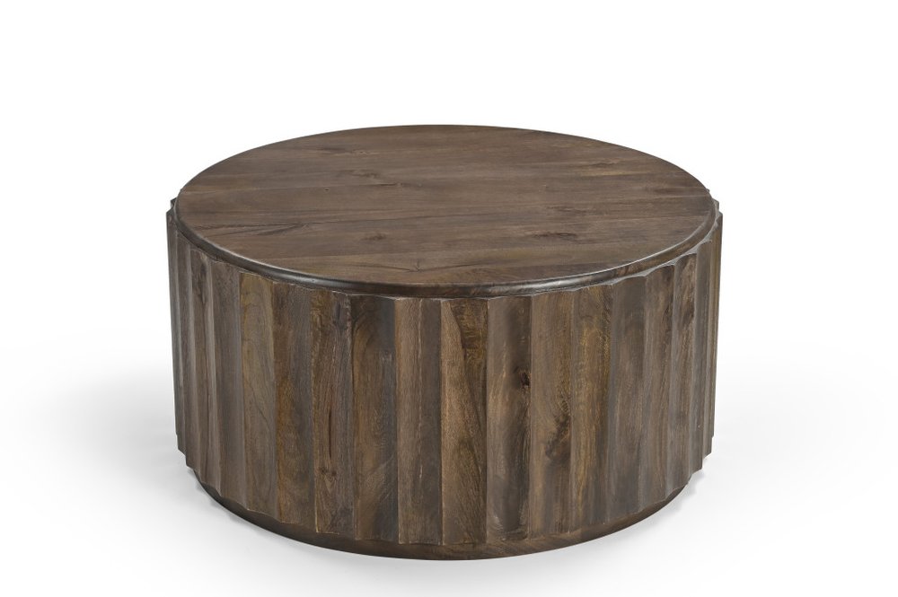 36" Brown Solid Wood Round Drum Coffee Table