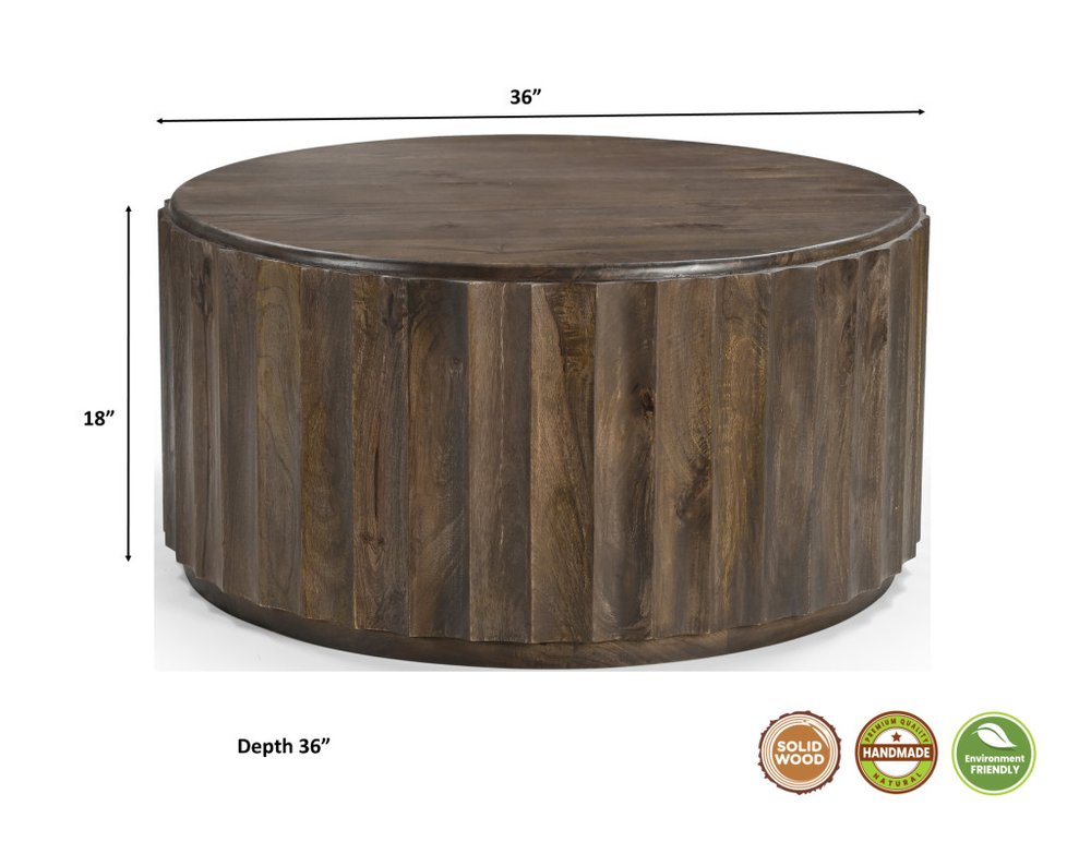 36" Brown Solid Wood Round Drum Coffee Table