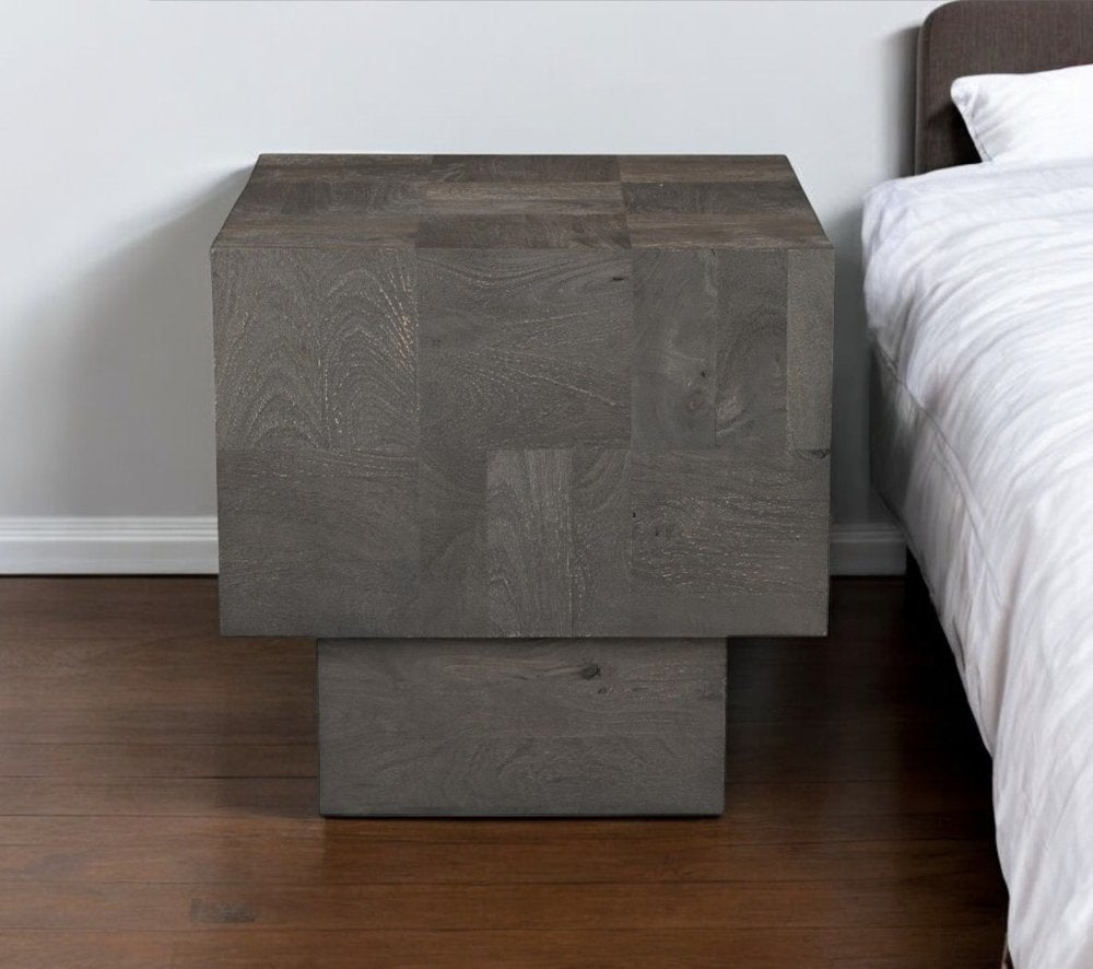22" Gray Distressed Solid Wood Square Block End Table