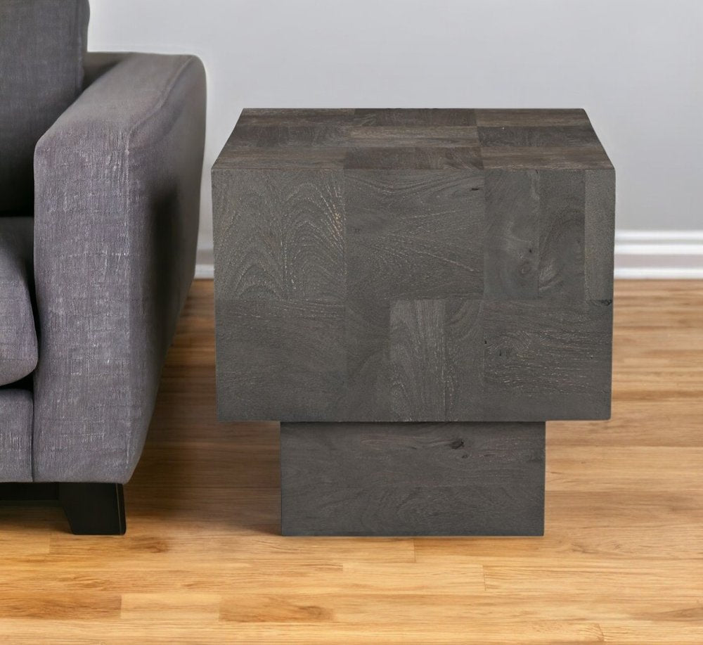22" Gray Distressed Solid Wood Square Block End Table