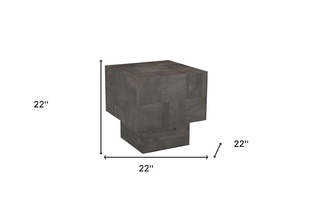22" Gray Distressed Solid Wood Square Block End Table