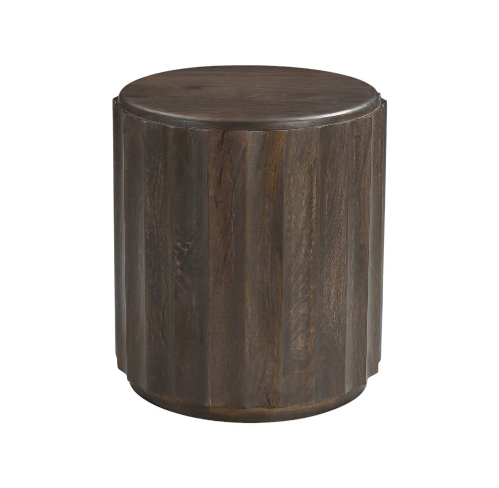 23" Brown Distressed Solid Wood Round Scalloped Drum End Table