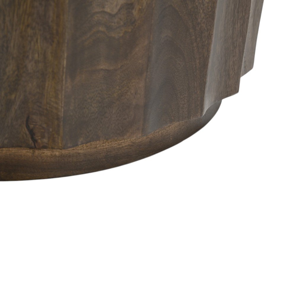 23" Brown Distressed Solid Wood Round Scalloped Drum End Table