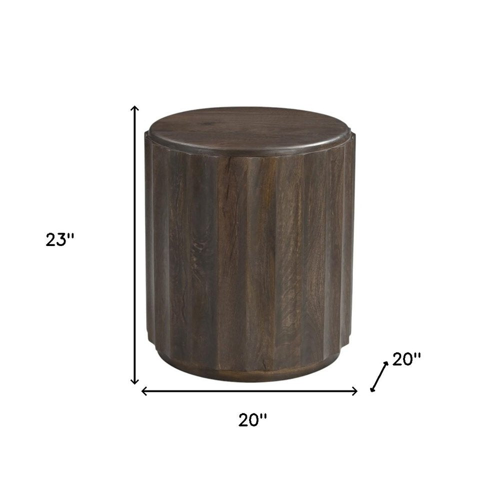 23" Brown Distressed Solid Wood Round Scalloped Drum End Table