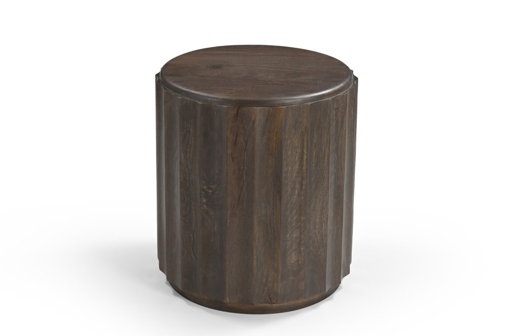 23" Brown Distressed Solid Wood Round Scalloped Drum End Table