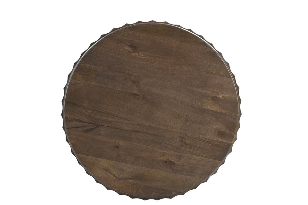 23" Brown Distressed Solid Wood Round Scalloped Drum End Table