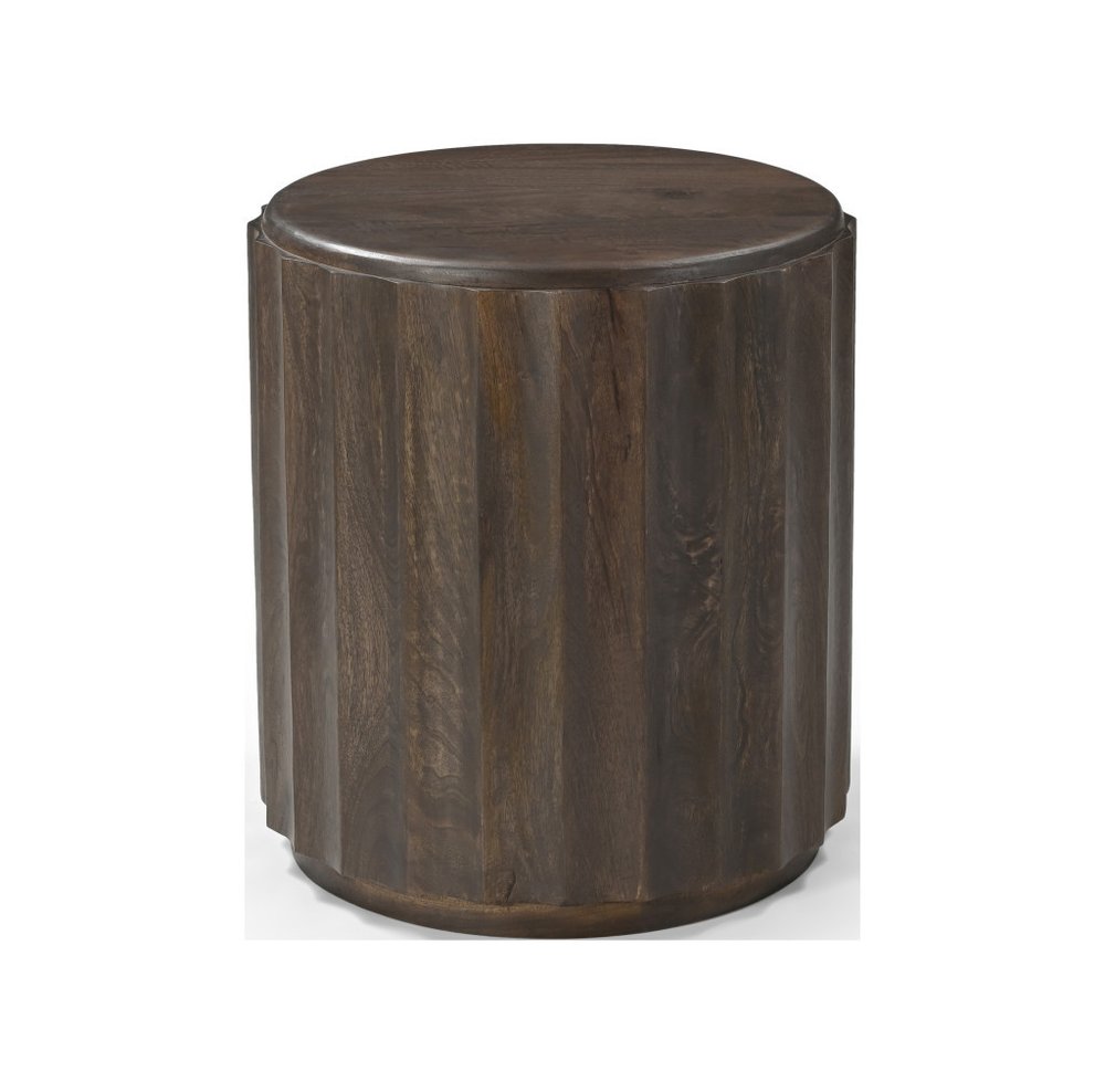 23" Brown Distressed Solid Wood Round Scalloped Drum End Table