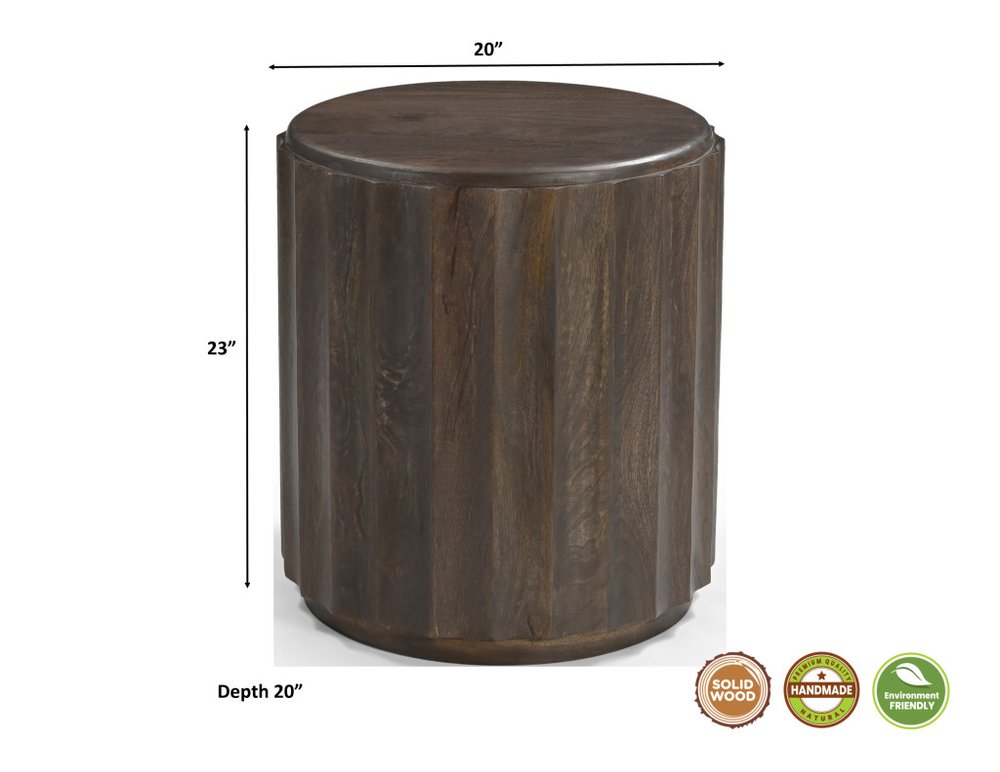 23" Brown Distressed Solid Wood Round Scalloped Drum End Table