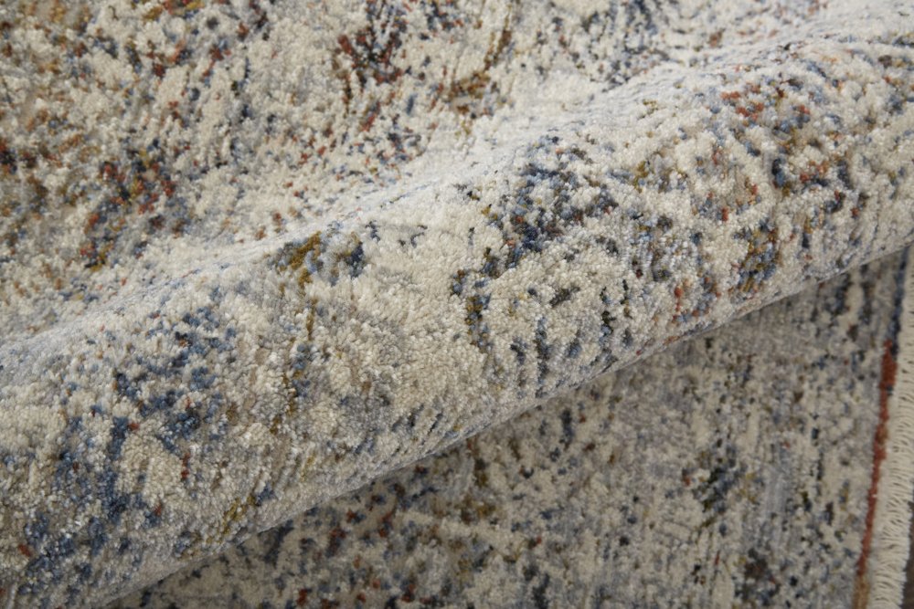 10' Gray Ivory and Blue Abstract Power Loom Worn Faded Runner Rug With Fringe