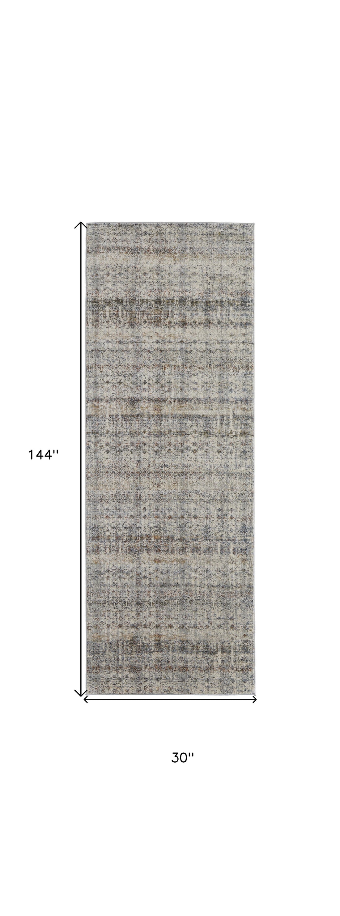 8' Gray Ivory and Blue Abstract Power Loom Worn Faded Runner Rug With Fringe