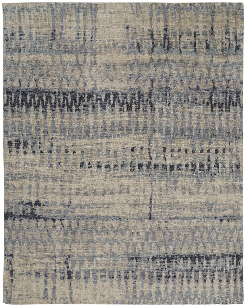 9' X 13' Gray Blue and Ivory Wool Abstract Hand Knotted Area Rug