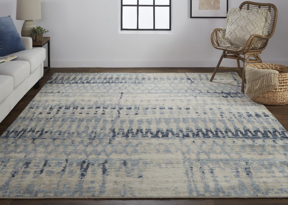 9' X 13' Gray Blue and Ivory Wool Abstract Hand Knotted Area Rug