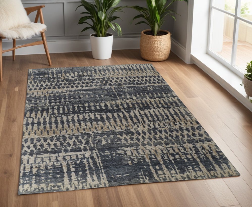 4' X 6' Blue Gray and Tan Wool Abstract Hand Knotted Area Rug