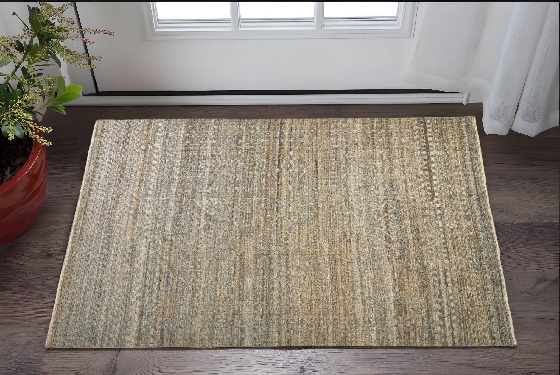 2' X 3' Ivory Gold and Tan Geometric Hand Knotted Worn Faded Area Rug