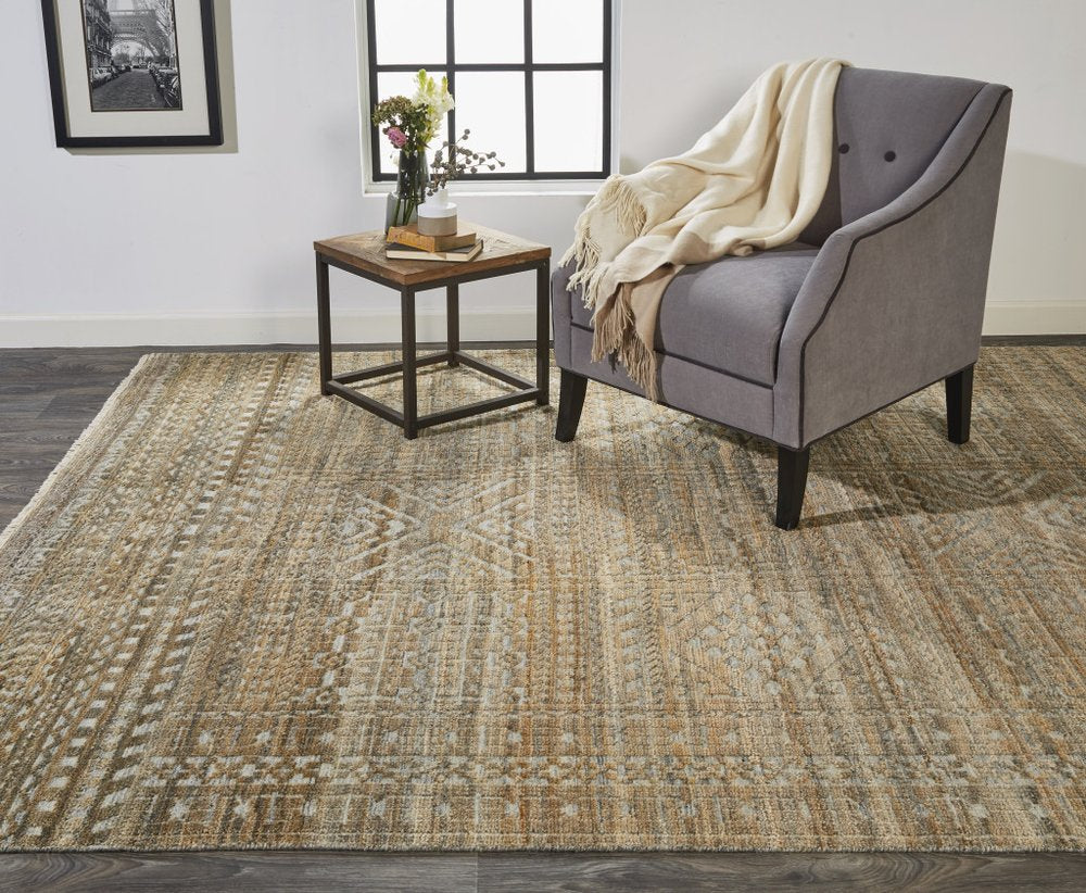 2' X 3' Gold And Tan Geometric Hand Knotted Distressed Area Rug