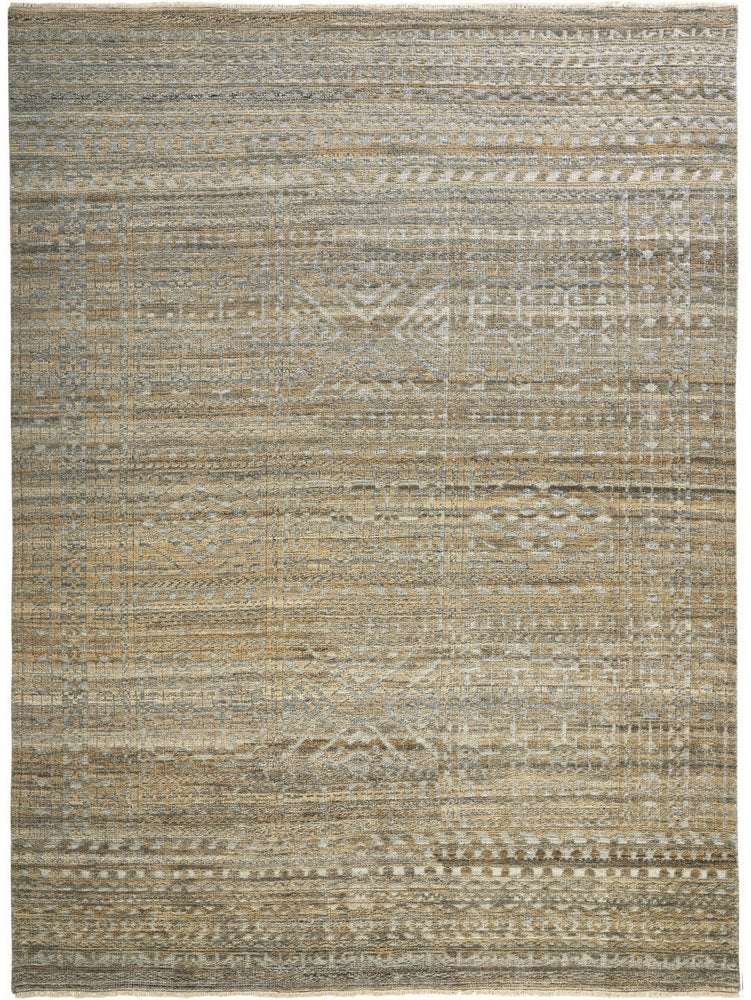 2' X 3' Gold And Tan Geometric Hand Knotted Distressed Area Rug