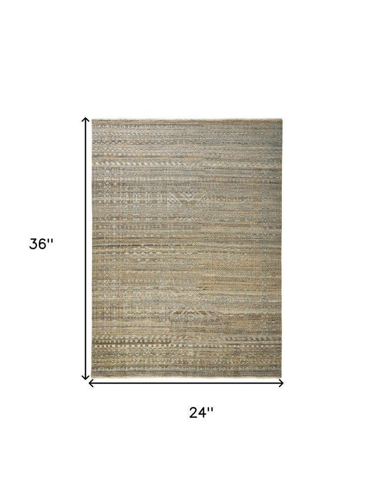 2' X 3' Gold And Tan Geometric Hand Knotted Distressed Area Rug