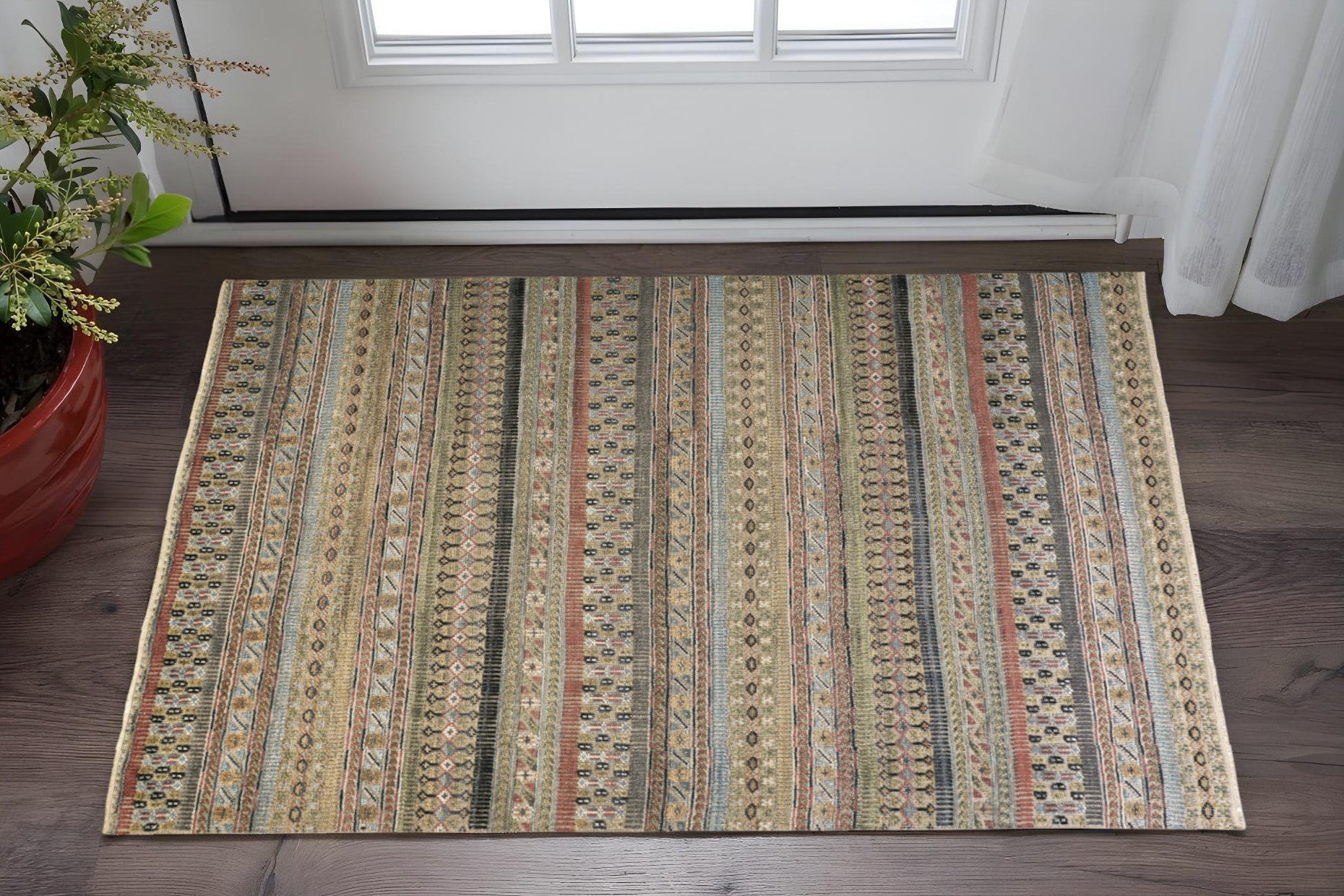 2' X 3' Tan Orange and Blue Striped Hand Knotted Area Rug