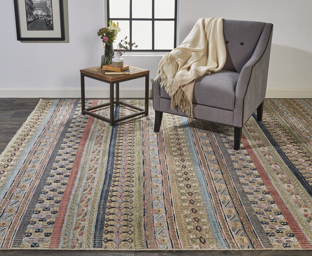 2' X 3' Tan Orange and Blue Striped Hand Knotted Area Rug