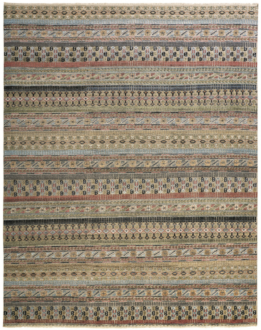 2' X 3' Tan Orange and Blue Striped Hand Knotted Area Rug