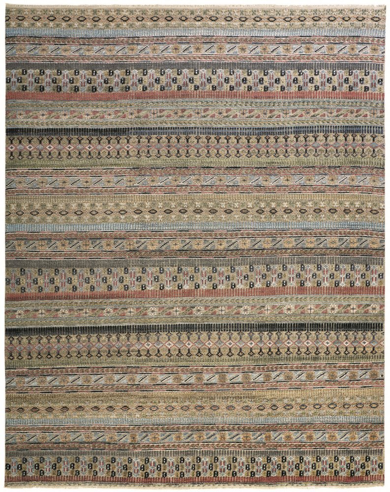 2' X 3' Tan Orange and Blue Striped Hand Knotted Area Rug