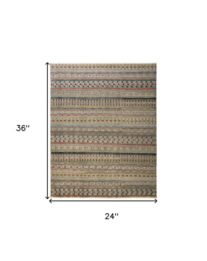 2' X 3' Tan Orange and Blue Striped Hand Knotted Area Rug