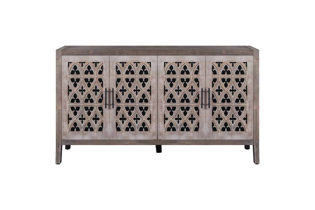 63" Brown Distressed Carved Scrollwork Sideboard with Four Doors