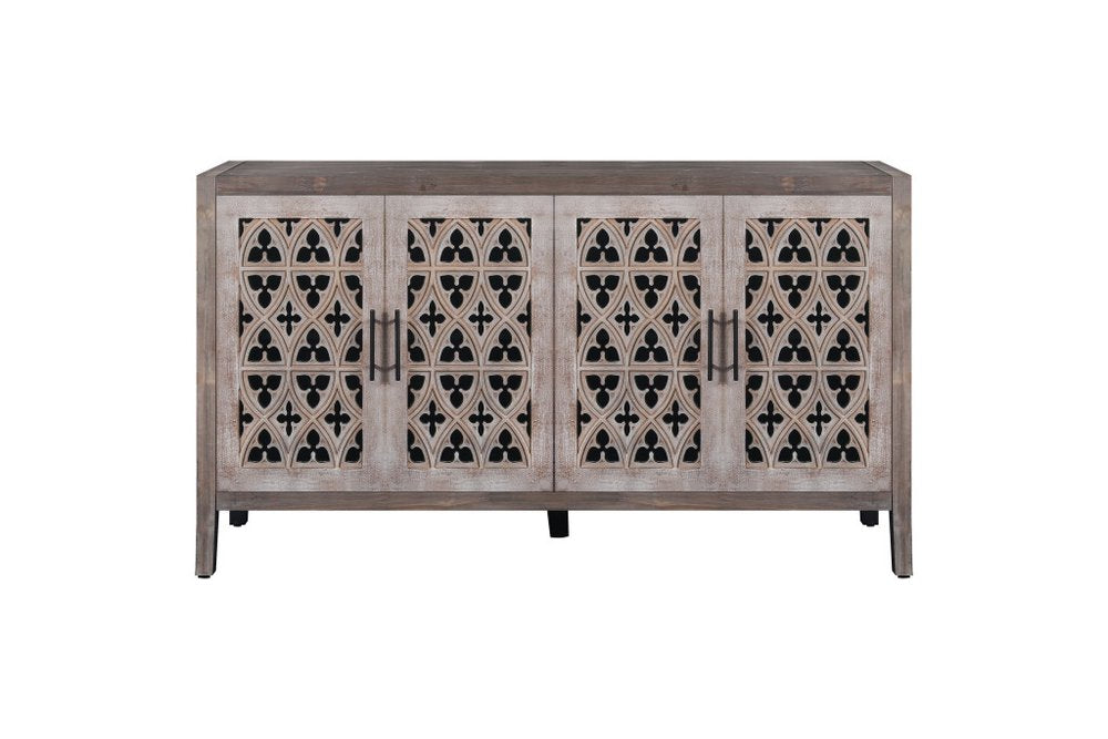 63" Brown Distressed Carved Scrollwork Sideboard with Four Doors