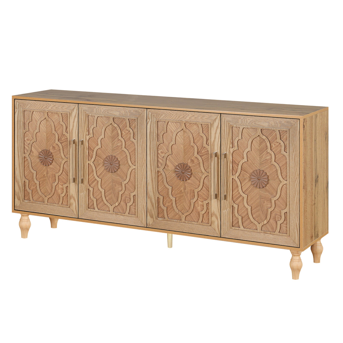 68" Natural Distressed Carved Geometric Sideboard with Four Doors