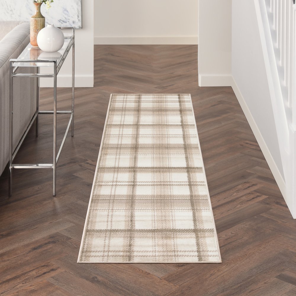 10' Ivory Plaid Power Loom Runner Rug