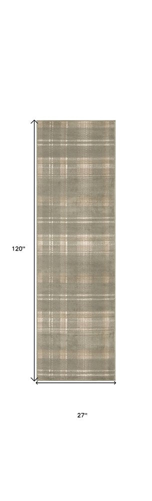 10' Olive Green and Ivory Plaid Runner Rug