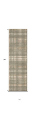 10' Olive Green and Ivory Plaid Runner Rug