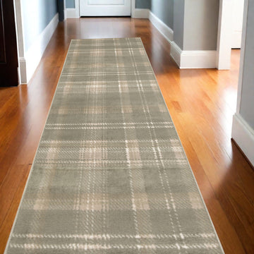 10' Olive Green and Ivory Plaid Runner Rug