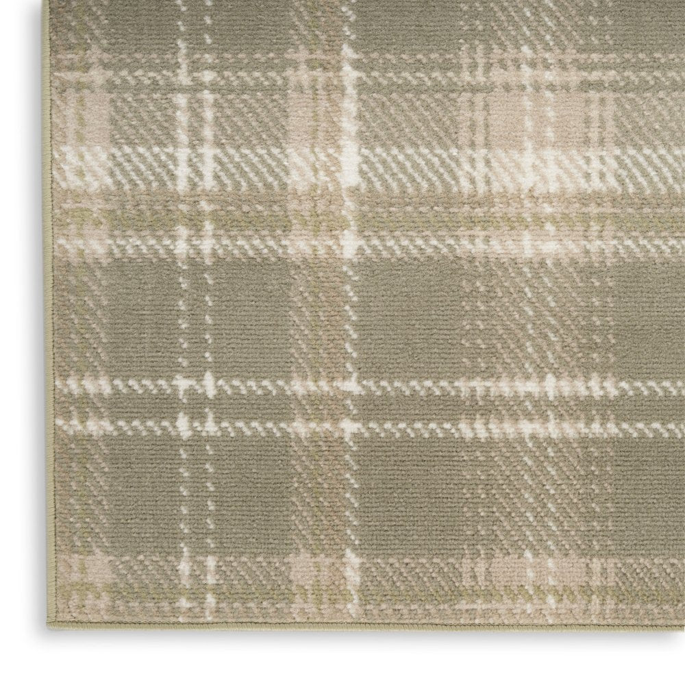10' Olive Green and Ivory Plaid Runner Rug
