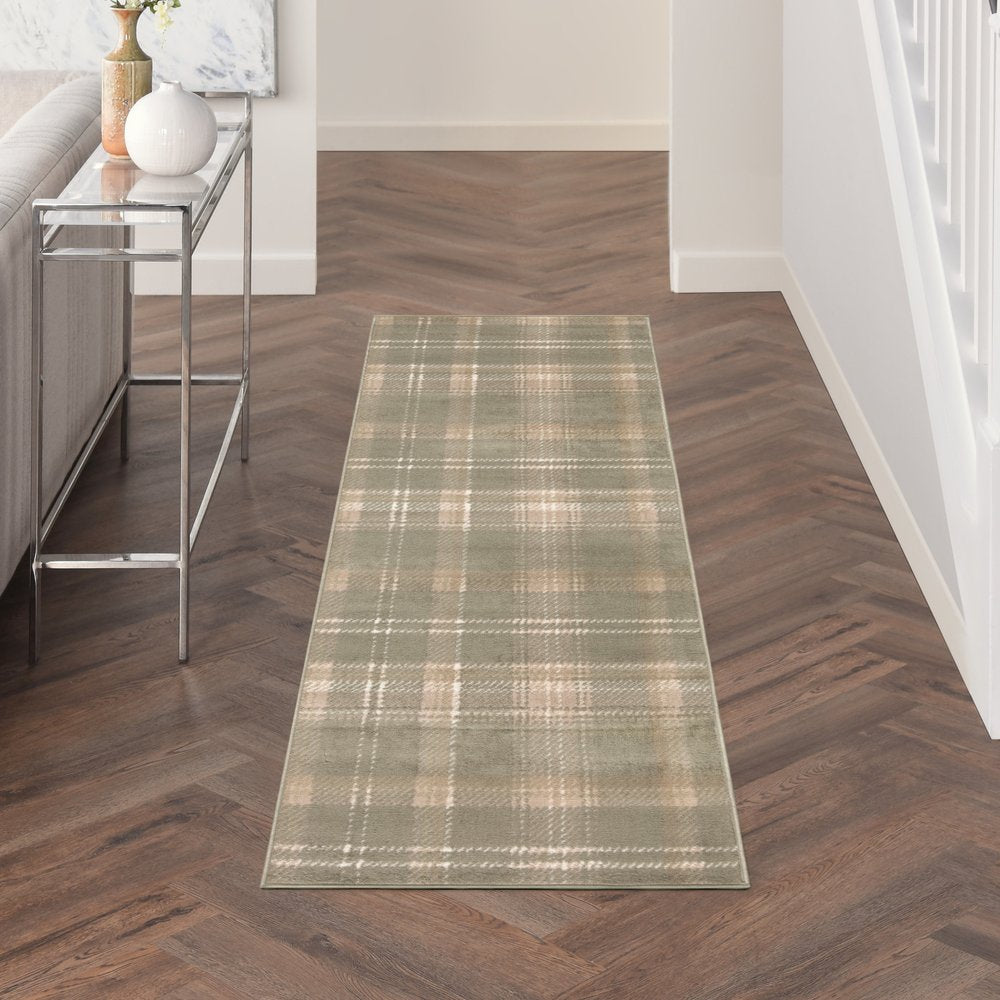 10' Olive Green and Ivory Plaid Runner Rug