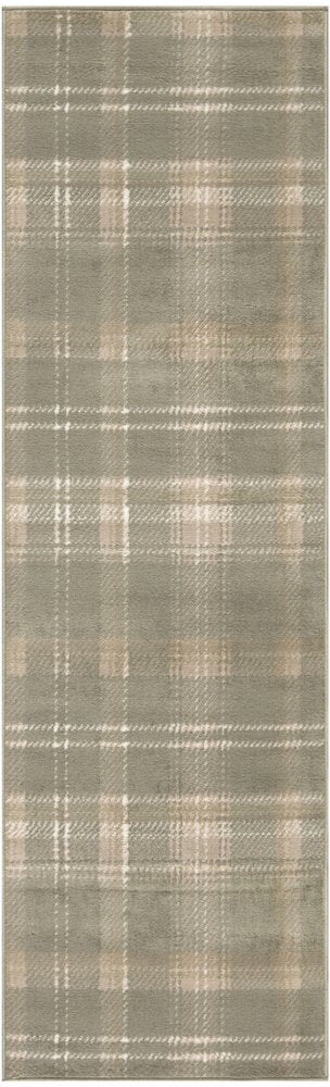 10' Olive Green and Ivory Plaid Runner Rug